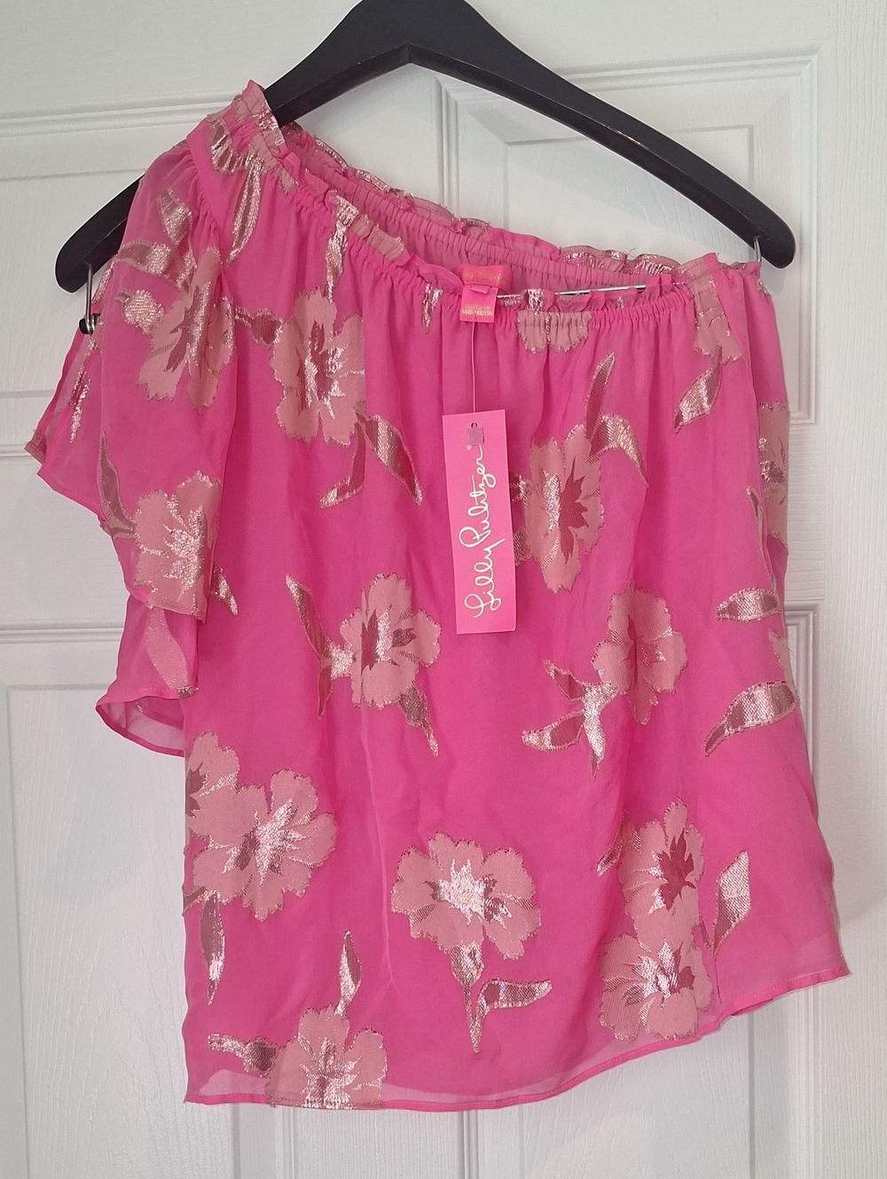 NWT Lilly Pulitzer Hot Pink Floral  One-Shoulder Top with Metallic Accents SZ XS